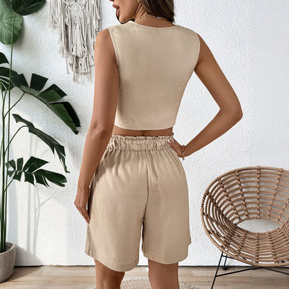 Damen Ärmelloses Zweiteiler-Set mit Knöpfen Elegant