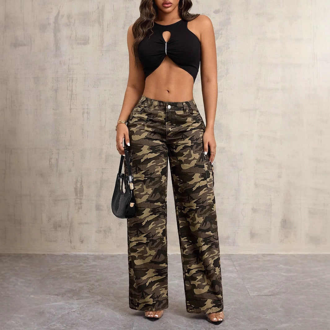 Damen Cargo-Hose Camouflage Baumwolle Weite Bein