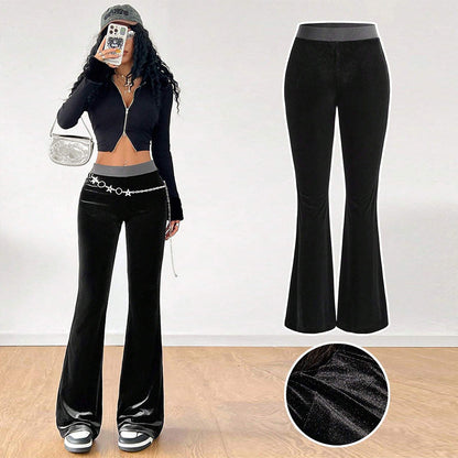Damen Samt-Hose Flare elastischer Bund Glitzernd