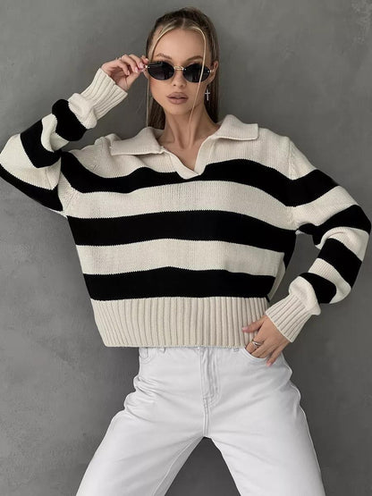 Damen Sportpullover Streifenmuster Kragen Eveloria