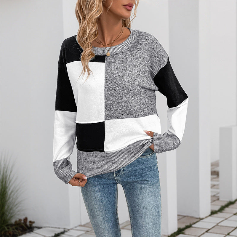 Damen Pullover Patchwork Rundhalsausschnitt Grau