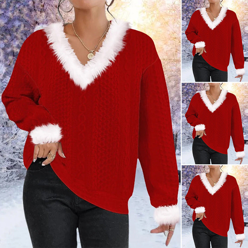 Damen Strickpullover V-Ausschnitt Kontrastpelzbesatz Eveloria - Eveloria