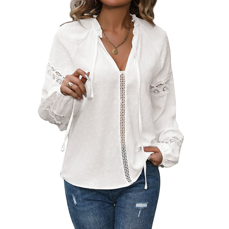 Damen Baumwollbluse Spitze Rüschendetails Elegant Weiß