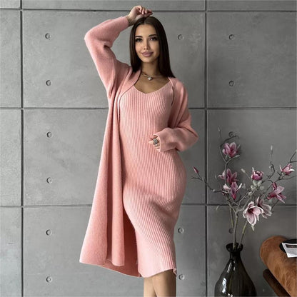 Damen Strickkleid V-Ausschnitt Länges Schnitt