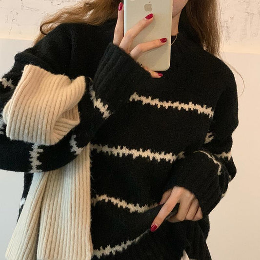 Damen Oversized Pullover Gestreift Weich Eveloria - Eveloria
