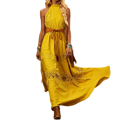 Damen Maxikleid Spitzenakzente Gürtel Detail