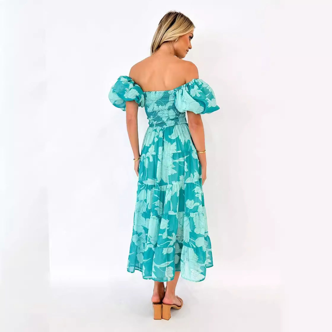Damen Maxikleid Puffärmel Floralmuster Eveloria