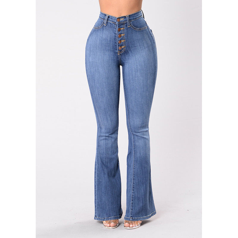 Damen Highwaist Flare Jeans Dekorative Knöpfe Eveloria