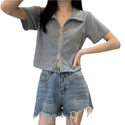 Damen Poloshirt Cropped Reißverschluss Strukturierter Stoff Eveloria