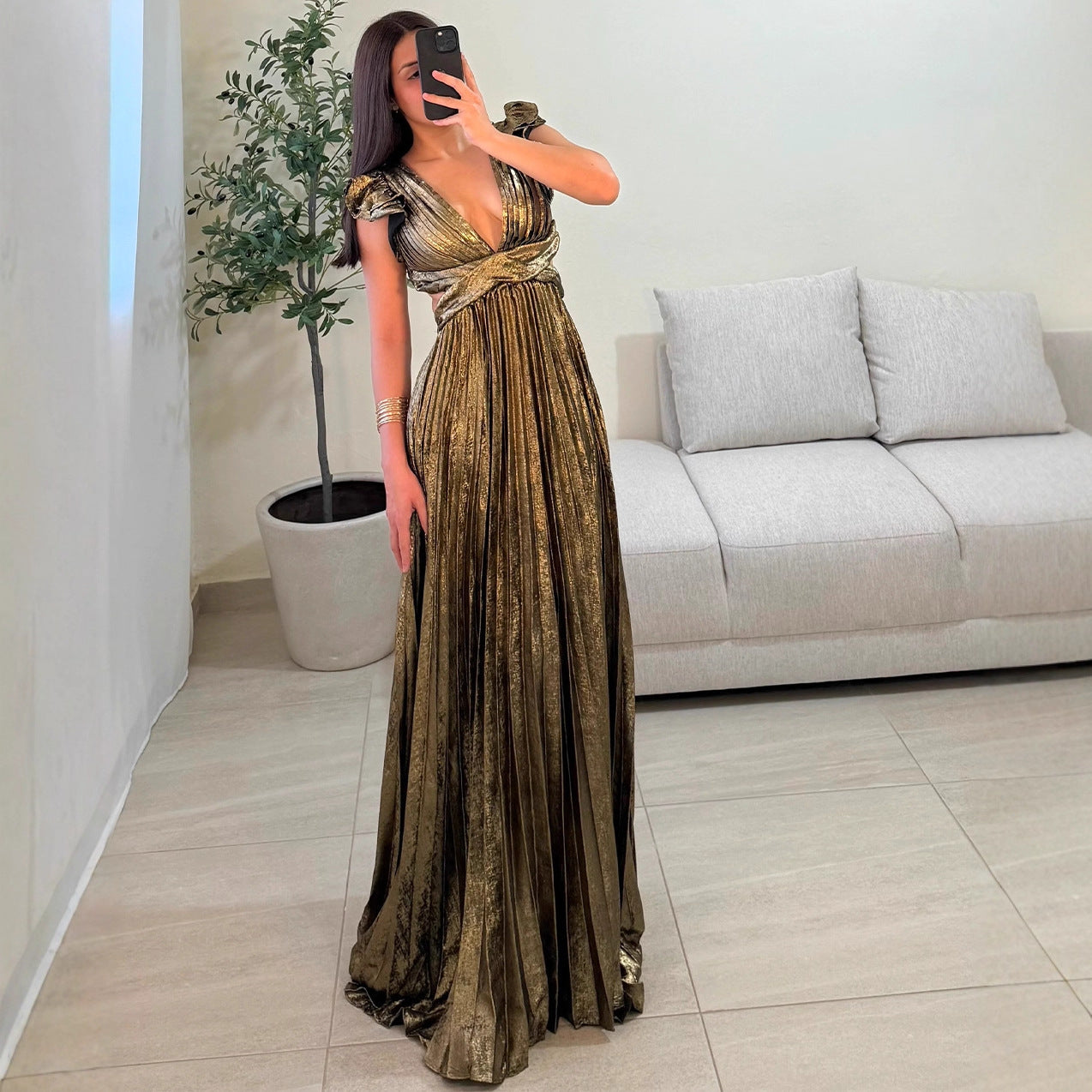 Damen Maxikleid V-Ausschnitt Rüschendetails Eveloria
