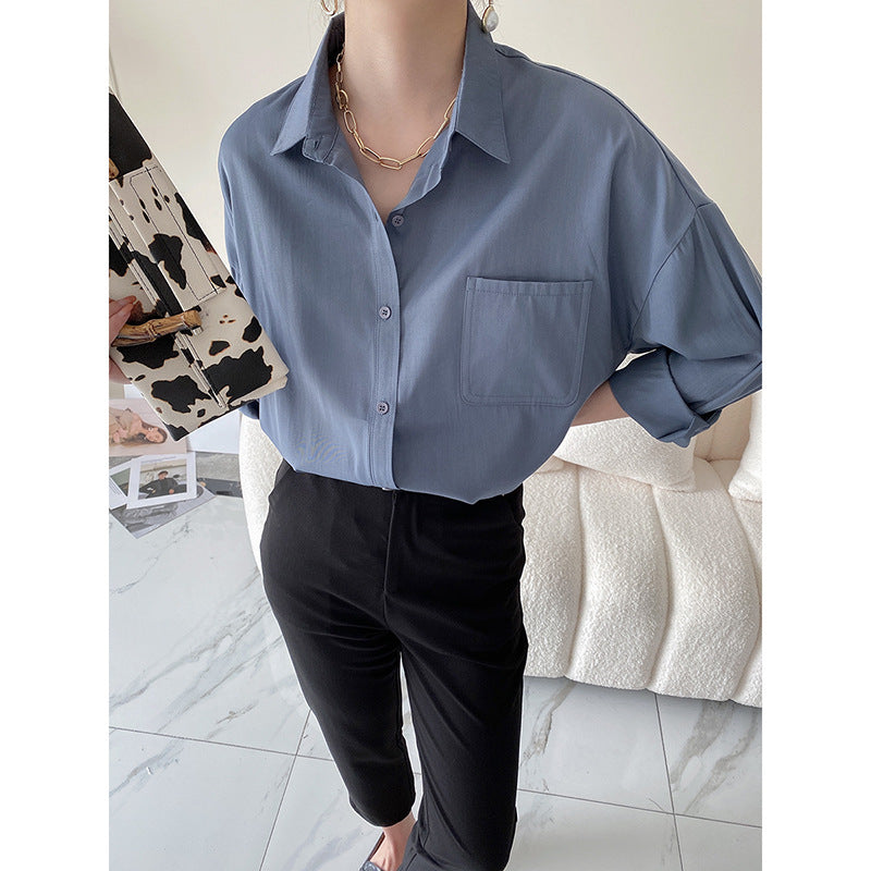 Damen Oversized Hemdbluse Atmungsaktiver Baumwollmix Mit Brusttasche