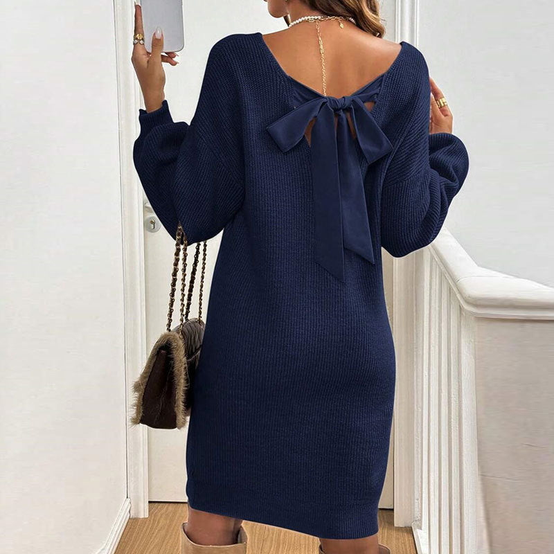 Damen Strickkleid Rückenausschnitt Schleife Eveloria