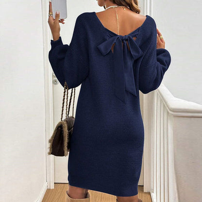 Damen Strickkleid Rückenausschnitt Schleife Eveloria