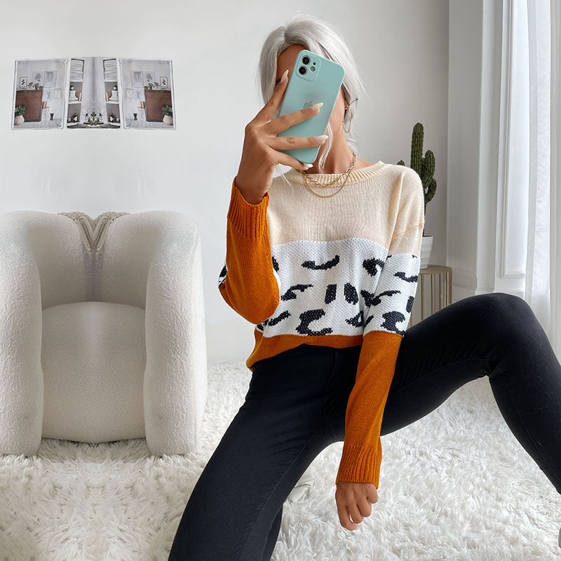 Damen Strickpullover Farbblock-Design Tiermuster