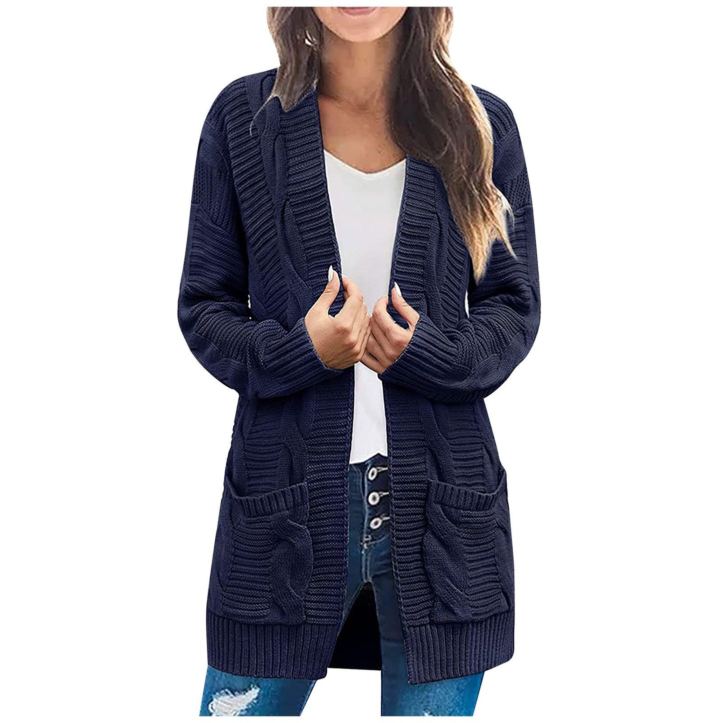 Damen Grobstrick Cardigan mit Taschen Strukturierter Look Beige