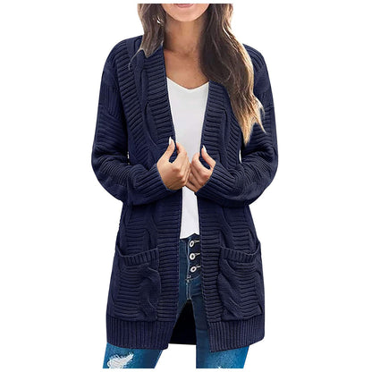 Damen Grobstrick Cardigan mit Taschen Strukturierter Look Beige
