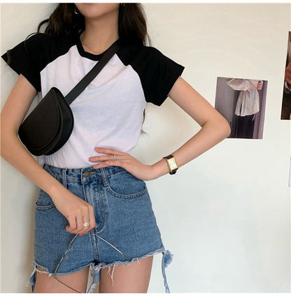 Damen Crop- Baumwollmix Kontrastärmel