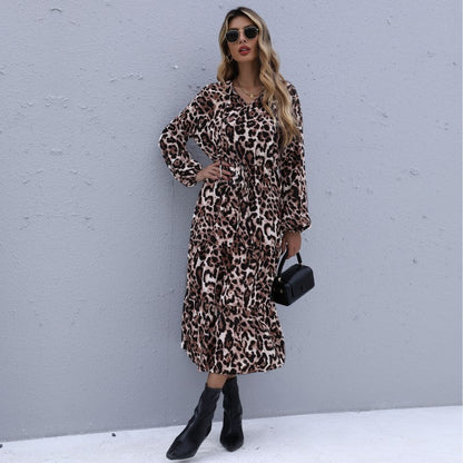 Damen Midi Wickelkleid Leoprint Rüschen Elegant
