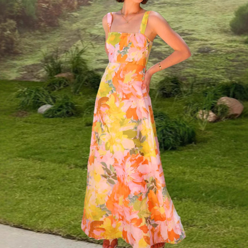 Damen Maxikleid Florale Blume Tailliert Spaghettiträger Eveloria - Eveloria