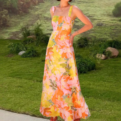 Damen Maxikleid Florale Blume Tailliert Spaghettiträger Eveloria - Eveloria