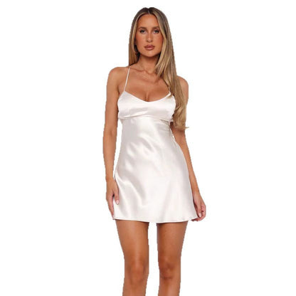 Damen Satin Cocktailkleid Verstellbare Träger Fließender Schnitt