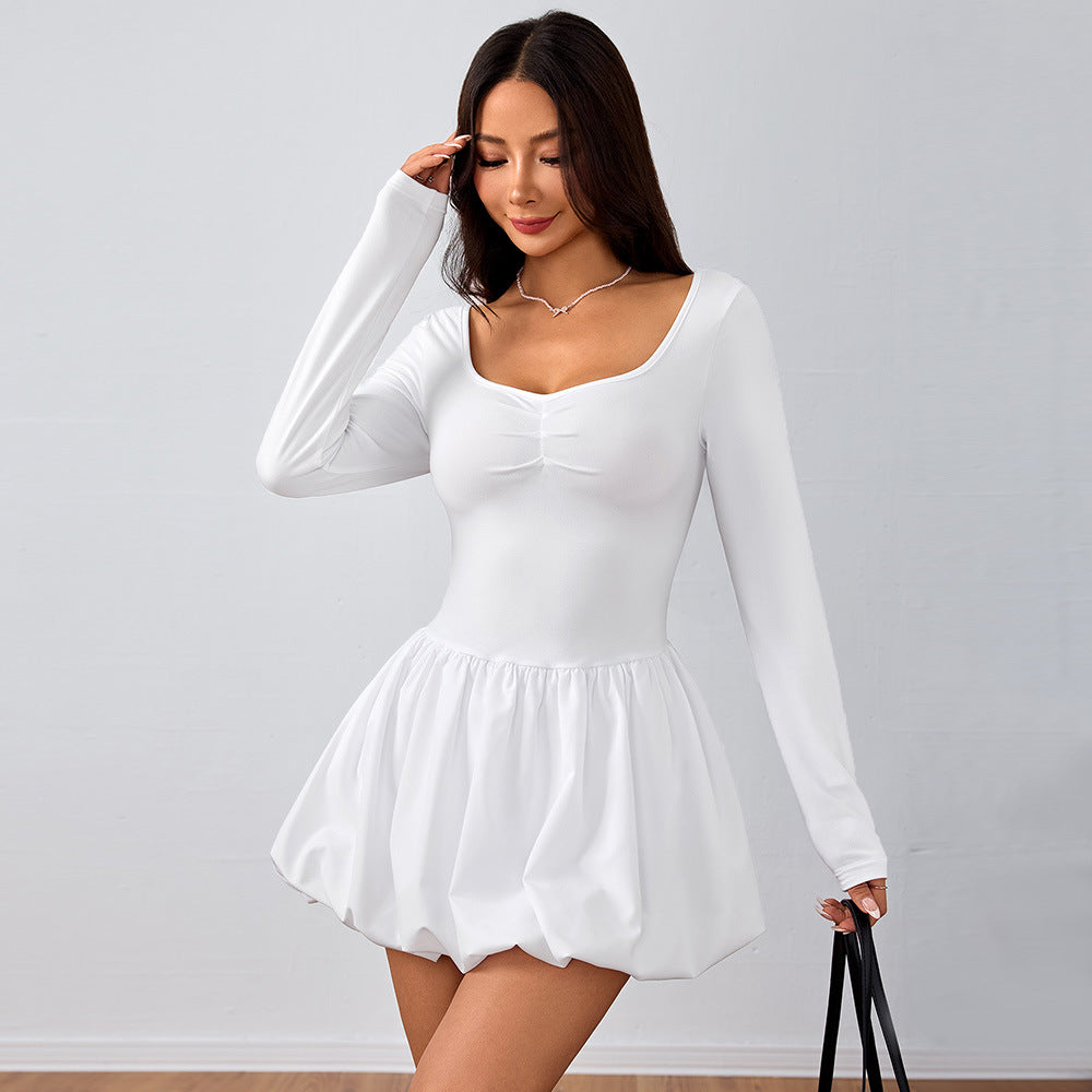 Damen Minikleid Puffärmel Elastischer Bund V-Ausschnitt