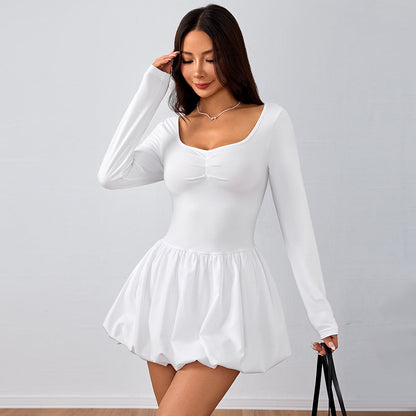 Damen Minikleid Puffärmel Elastischer Bund V-Ausschnitt