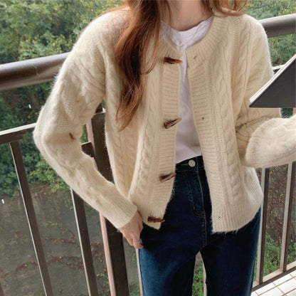 Damen Strickjacke Zopfmuster Elegante Knöpfe Beige