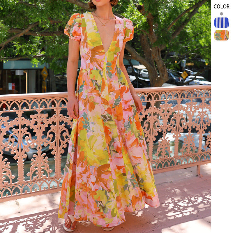 Damen Maxikleid V-Ausschnitt Puffärmel Eveloria - Eveloria