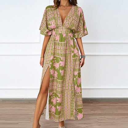 Damen Maxikleid V-Ausschnitt Seitenschlitz Eveloria - Eveloria