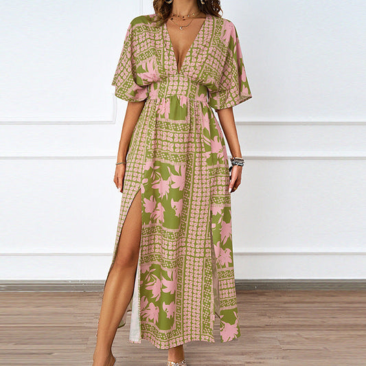 Damen Maxikleid V-Ausschnitt Seitenschlitz Eveloria - Eveloria