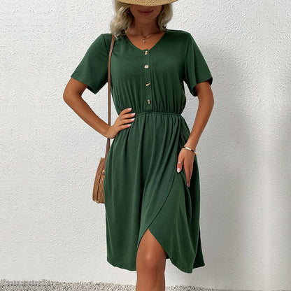 Damen Kleid Kurz Knöpfe Elastisch Eveloria