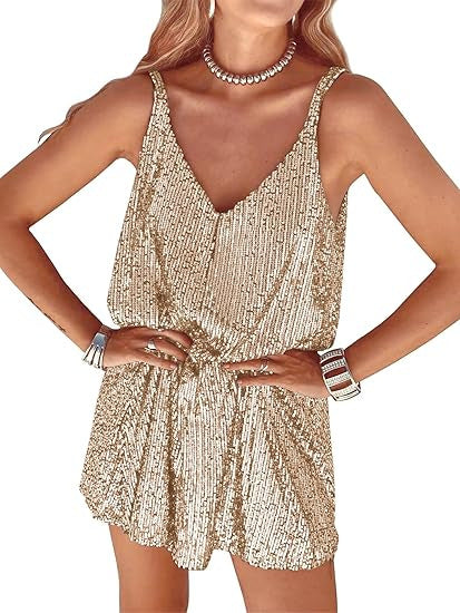 Damen Glitzer Jumpsuit V-Ausschnitt Elastisch Eveloria