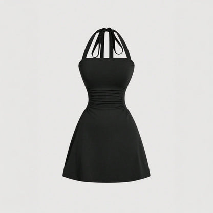 Damen Halterkleid Figurformend Drapierung Rückenschnürdesign Schwarz - Eveloria