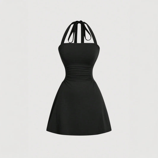 Damen Halterkleid Figurformend Drapierung Rückenschnürdesign Schwarz - Eveloria
