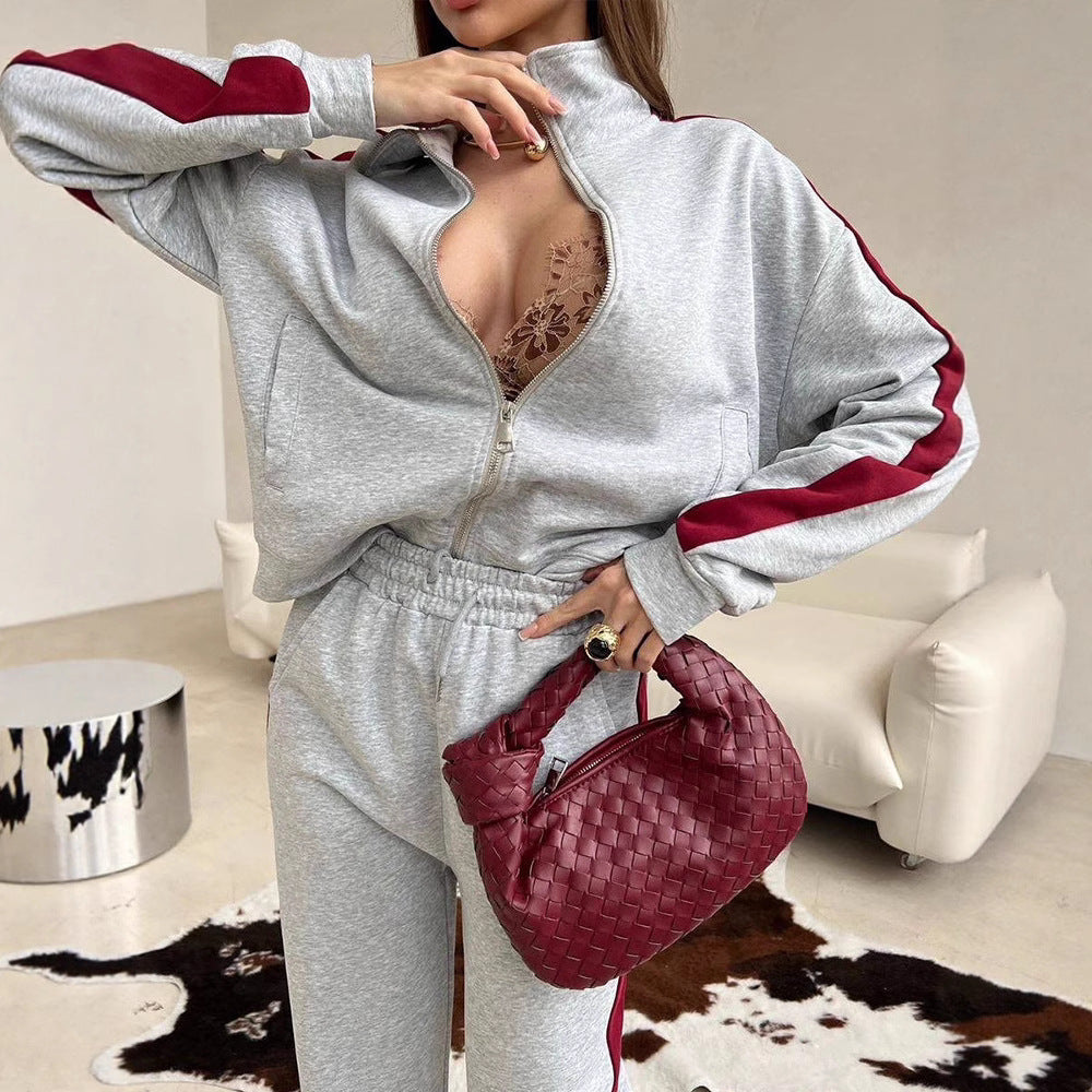 Damen Fleece-Sweat-Set mit hohem Kragen und Streifen Eveloria