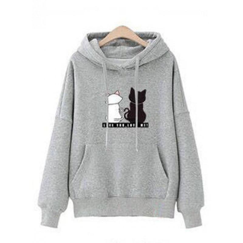 Damen Kapuzenpullover Katzenmotiv Kängurutasche Grau