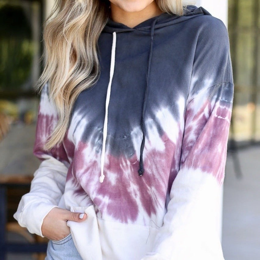 Damen Hoodie Bunt Batikmuster Kängurutasche
