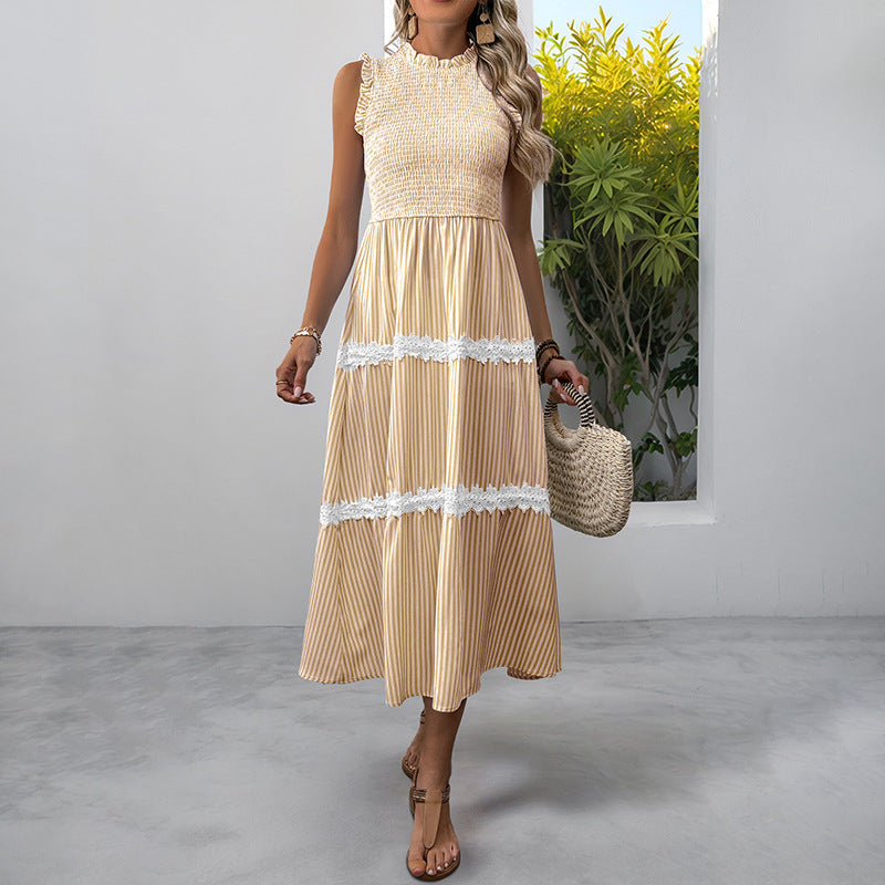 Damen Maxikleid Gestreift Voluminöse Rüschen Weiss