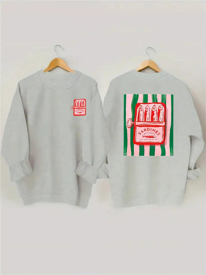 Damen Sweatshirt Sardinen-Grafik Lässig Grau Eveloria