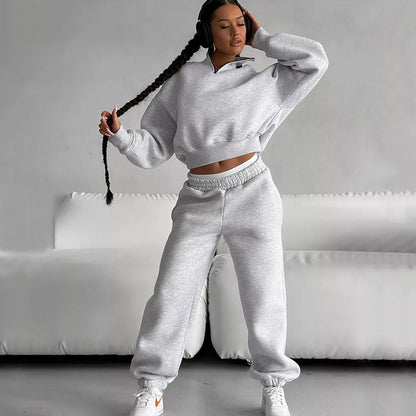 Damen Sweatshirt Hochkragen Bequem Grau Eveloria