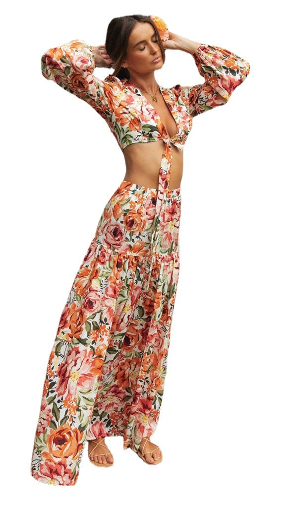 Damen Maxikleid Boho Chic mit Volant Puffärmeln