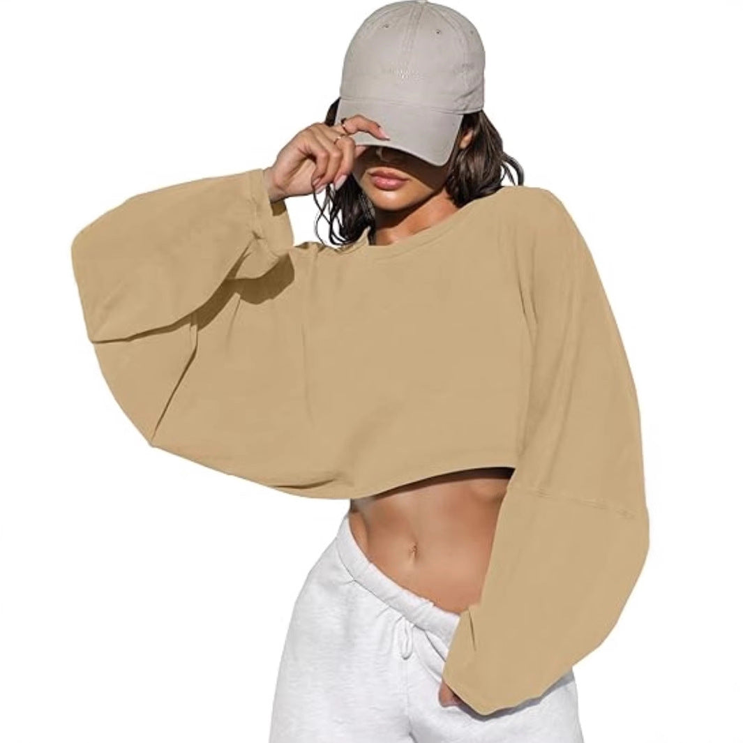 Damen Cropped Sweatshirt Voluminöse Ärmel Lässiger Schnitt Grau