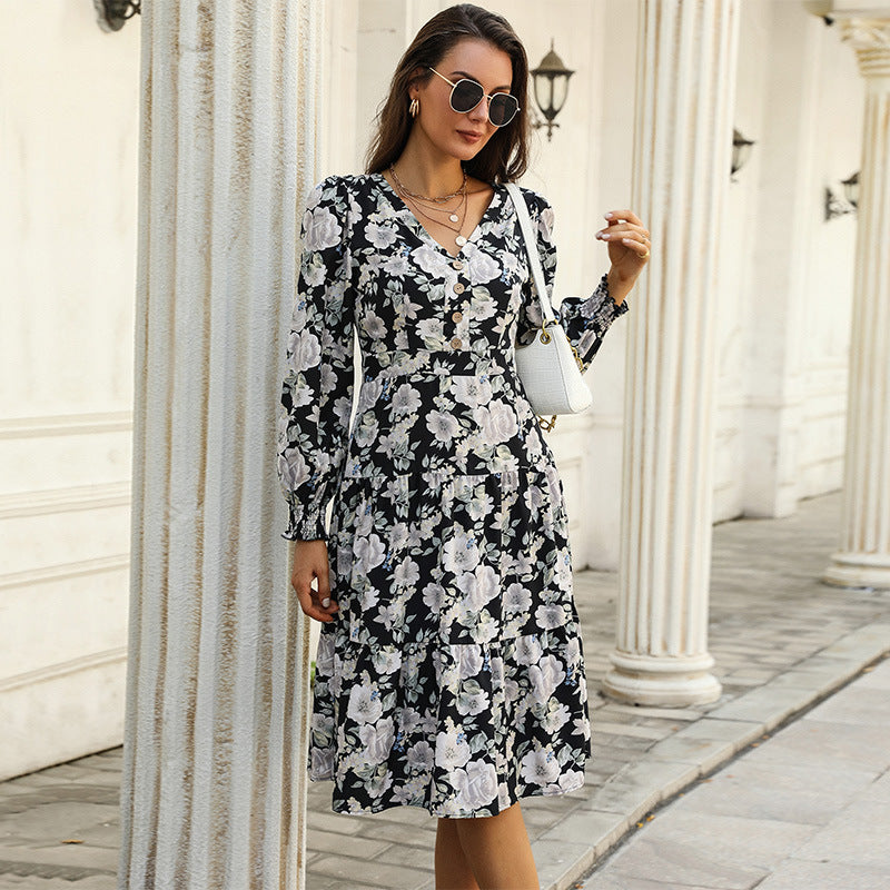 Damen Blumenkleid Rüschendetails Knopfleiste Eveloria