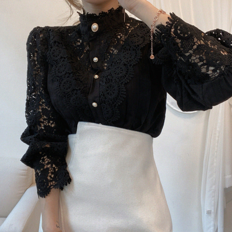Damen Spitzenbluse Hochkragen Elegant Weiß