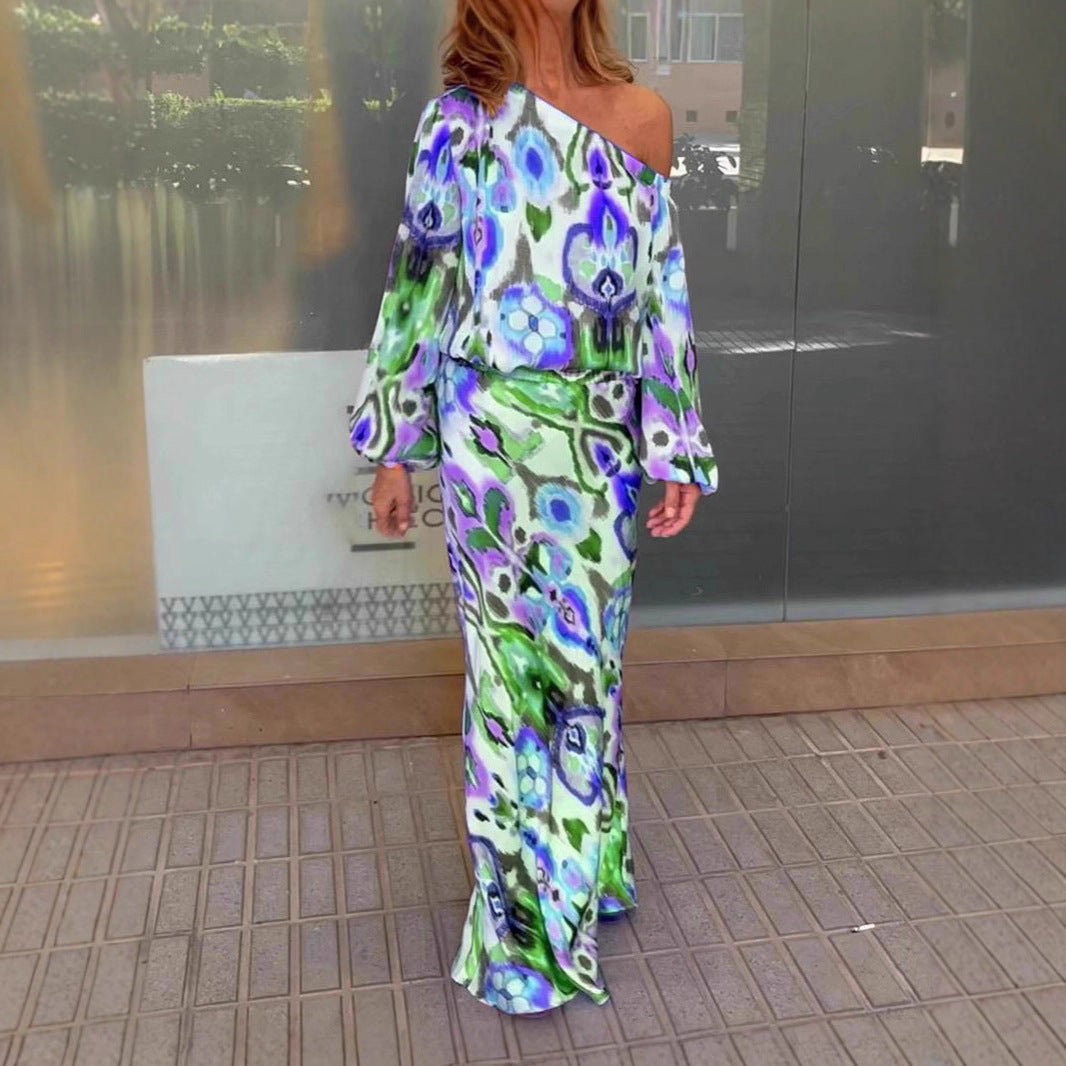 Damen Maxikleid Asymmetrisch Geschmeidige Ärmel