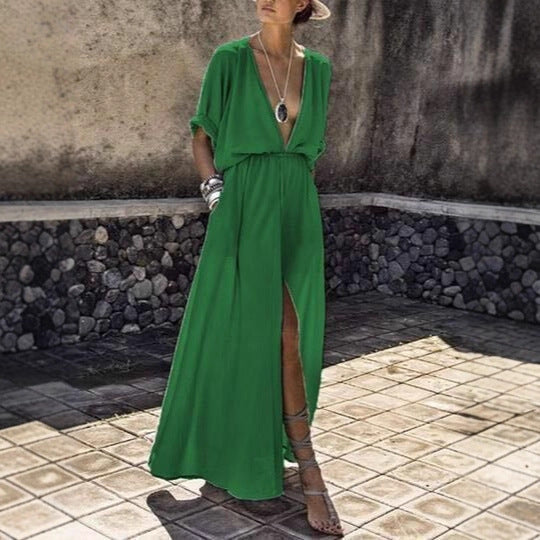 Damen Maxikleid V-Ausschnitt Hochschlitz Elegant Eveloria
