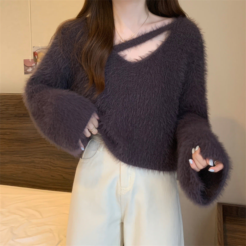 Damen Pullover Flauschig Lässiger Schnitt V-Ausschnitt Beige