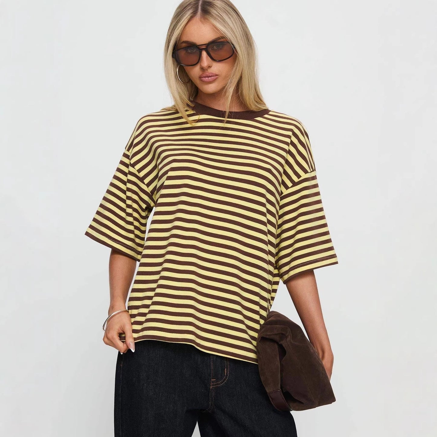 Damen T-Shirt Gestreift Rundhals locker Eveloria