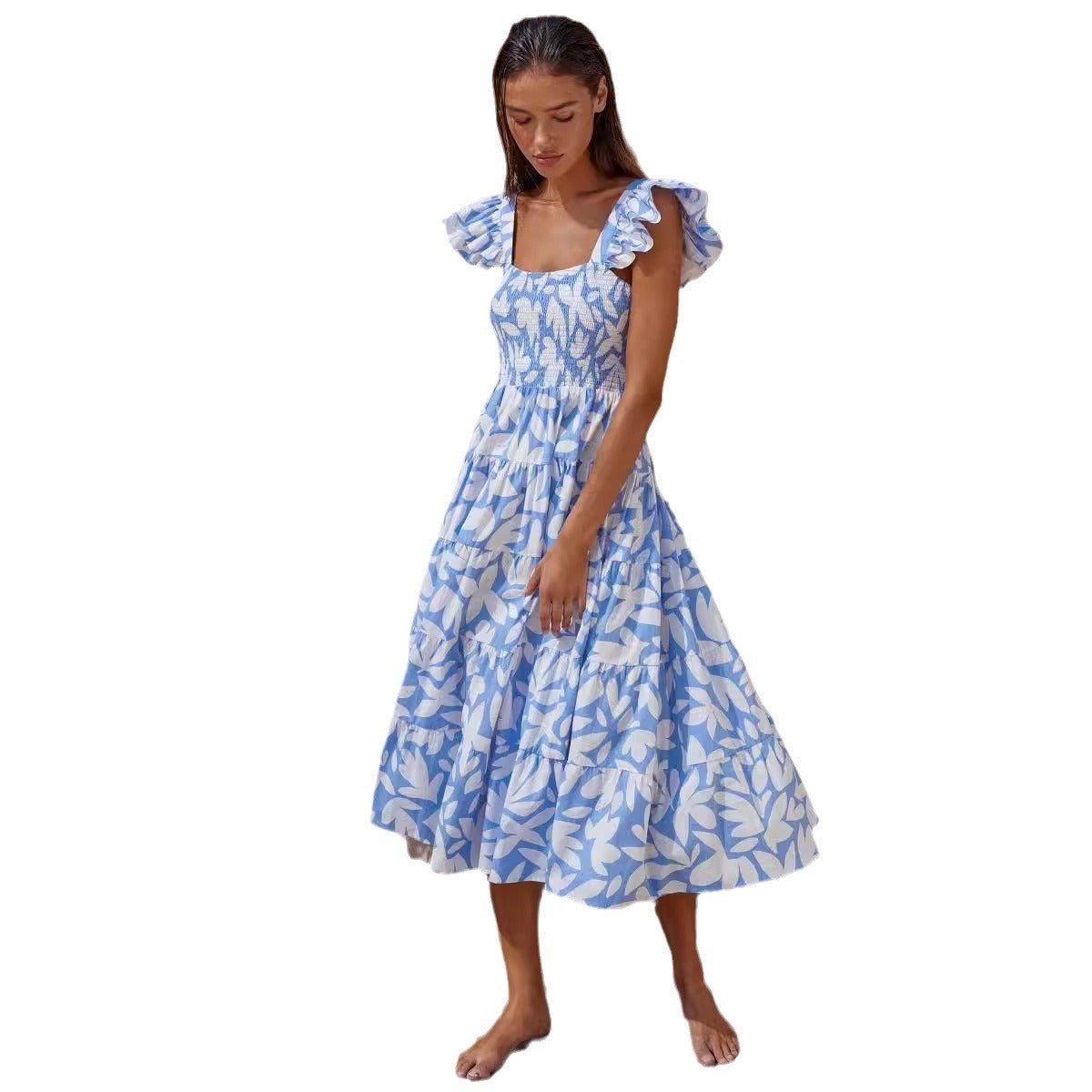 Damen Midi-Kleid Luftig Volantärmel Schwingender Saum Eveloria
